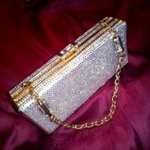Judith Leiber Swarovski Crystal Minaudiere Clutch and Gold Chain Strap